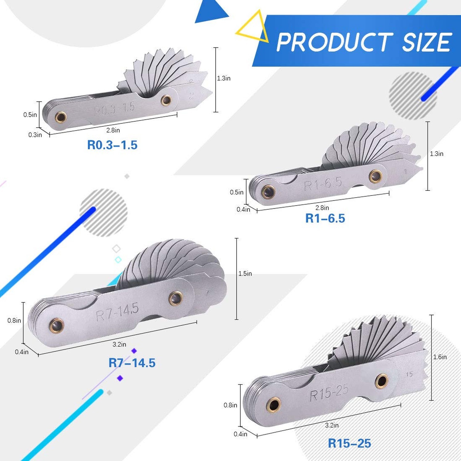Glarks 4 Pack R0.3-1.5/ R1-6.5/ R7-14.5/ R15-25 Radius Gauge Set, Stainless S…