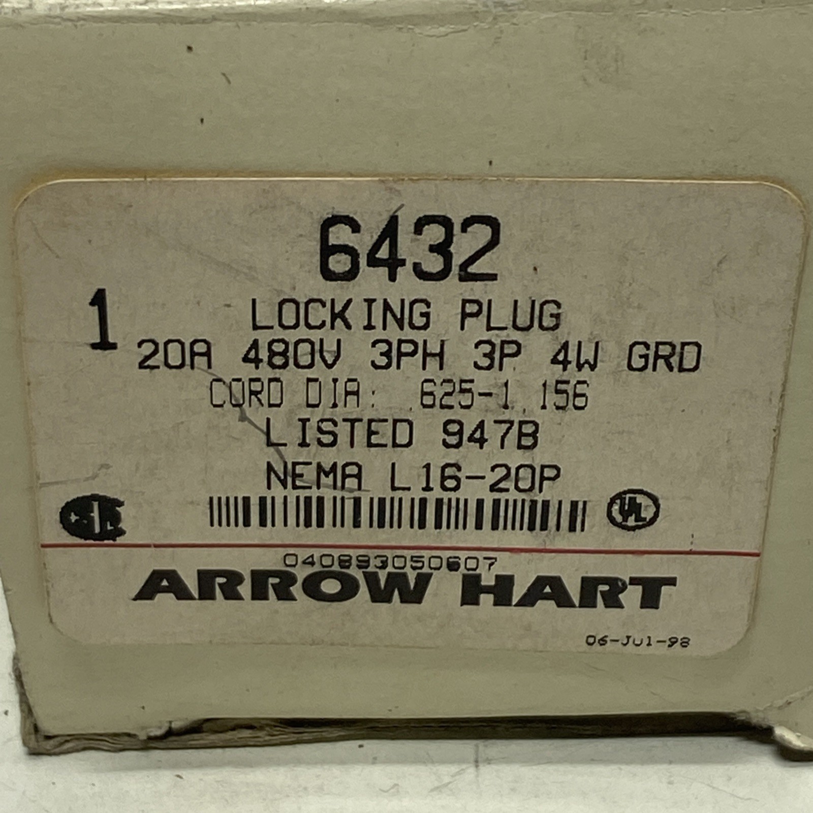 NEW OLD STOCK! ARROW HART 20A 480V LOCKING PLUG 6432