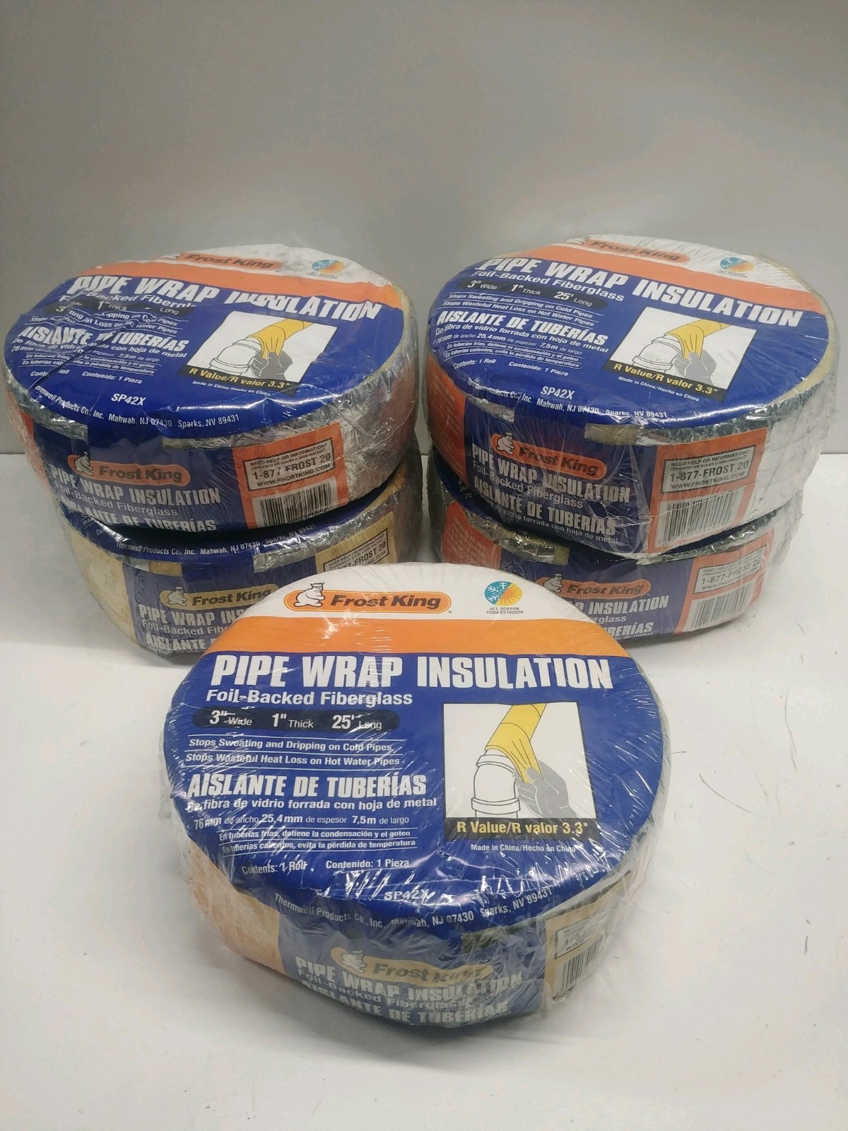 (5) NOS! FROST KING 3″ X 1″ X 25′ FOIL-BACKED R-3.3 PIPE WRAP INSULATION SP42X