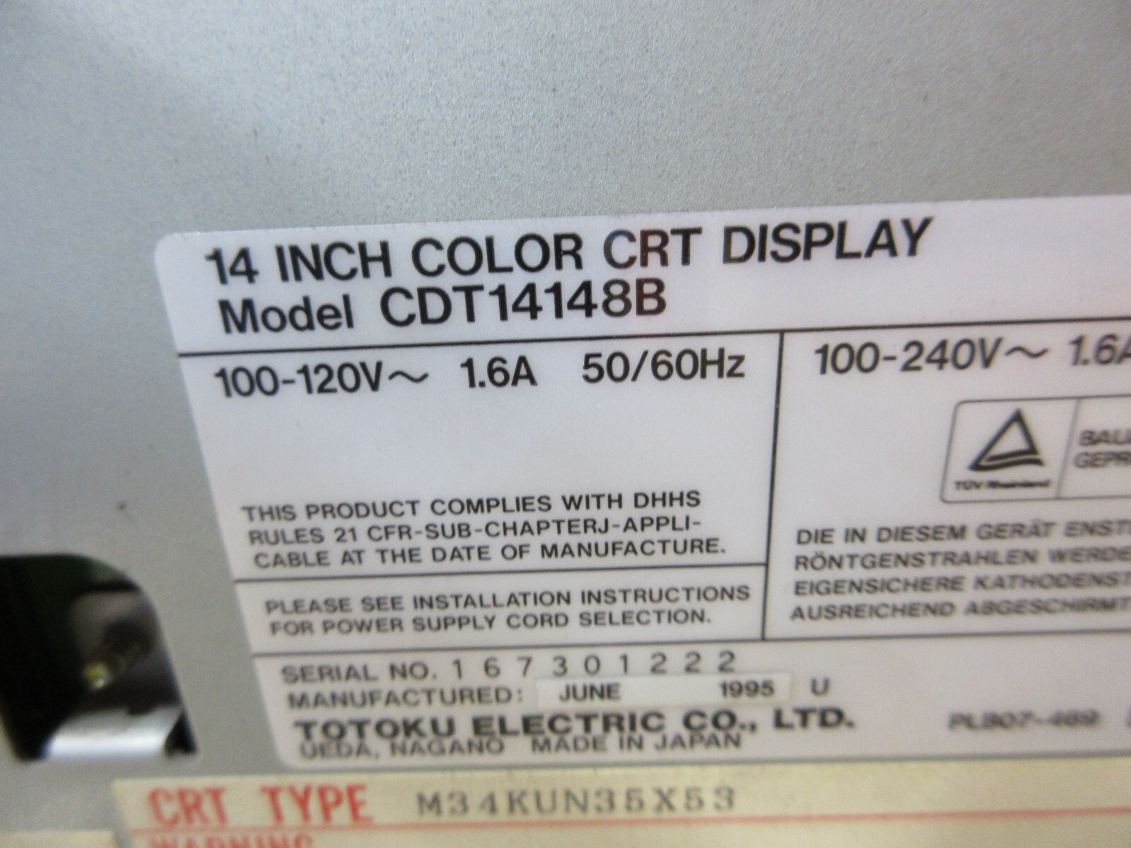 SPECIAL PRICE 96 MITSUBISHI CX-20 EDM TOTOKU CDT14148B MONITOR DISPLAY WARRANTY