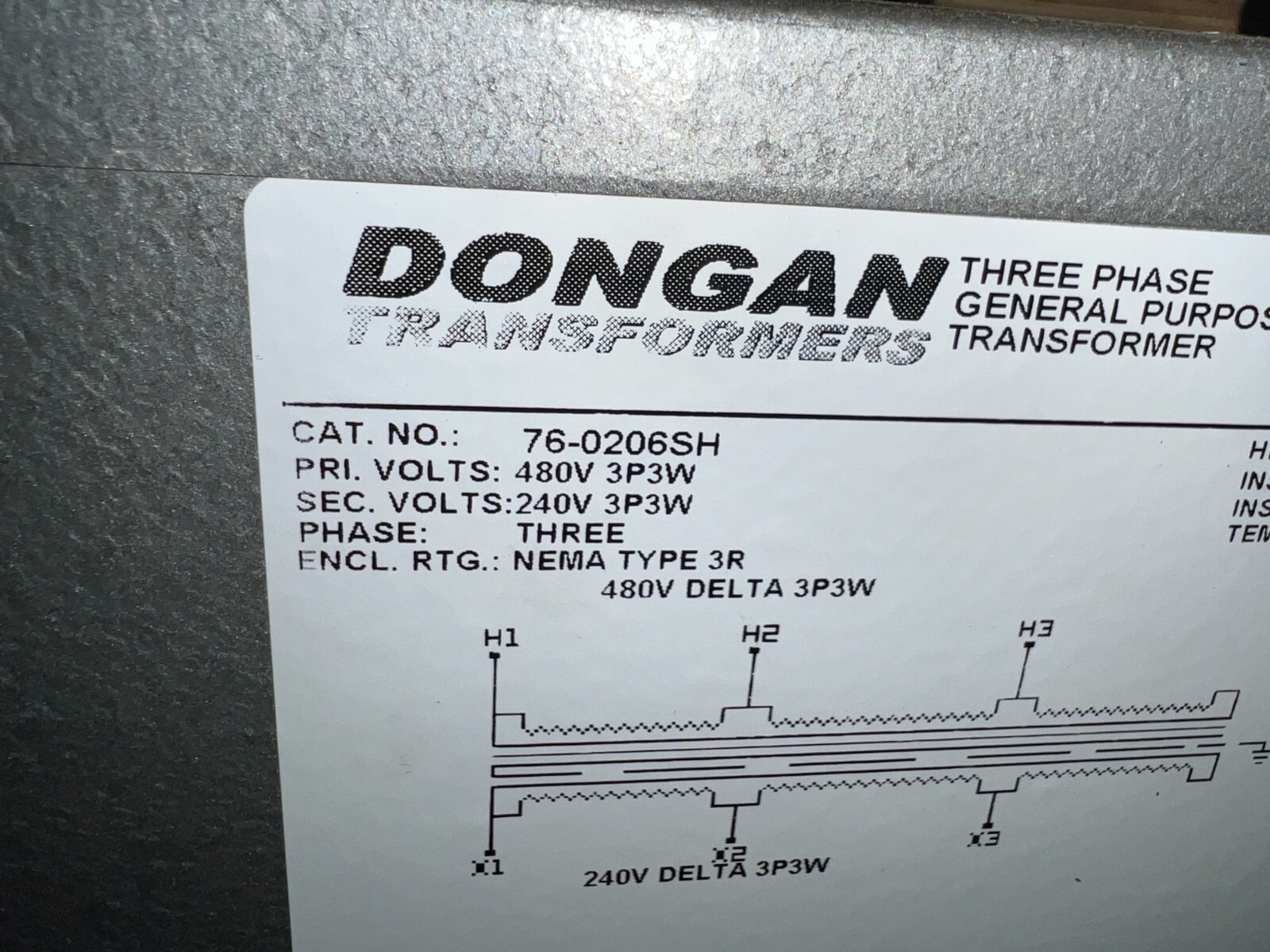 DONGAN #76-0206SH TRANSFORMER THREE PHASE GENERAL PURPOSE 480V 6KVA