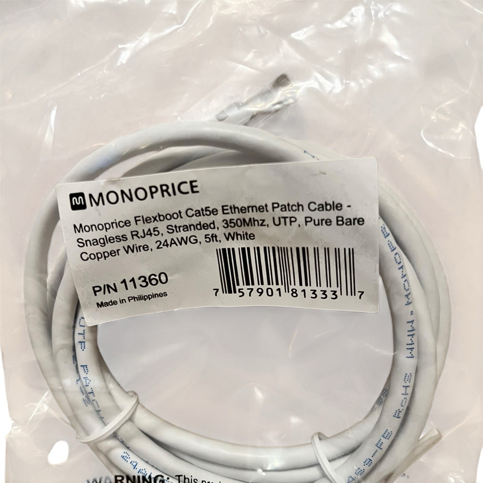 Monoprice Flexboot Cat5e Ethernet Patch Cable 11360 5ft White RJ45 UTP LAN Cord