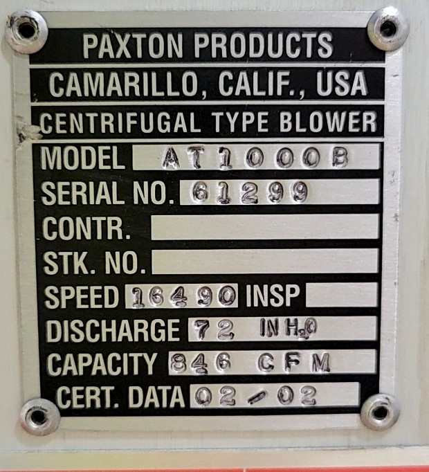 PAXTON AT1000B Centrifugal Type Blower W/ US Motors H24410A 15HP 50HZ SEE NOTES