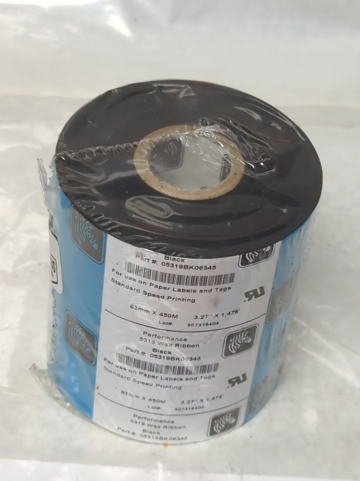 ZEBRA,5319,BLACK WAX RIBBON 3.27″ X 1476′ 83MM X 450M NOS