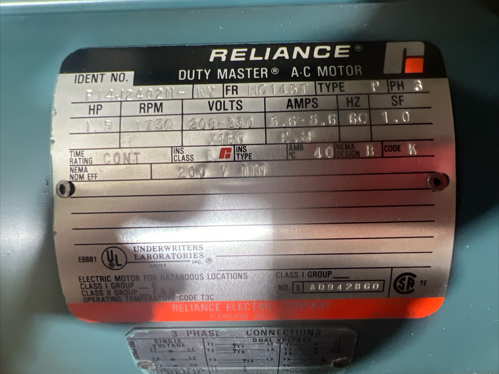 RELIANCE ELECTRIC P14J2402M-WY MOTOR 1.5HP 1730RPM 208-230V Nos Surplus