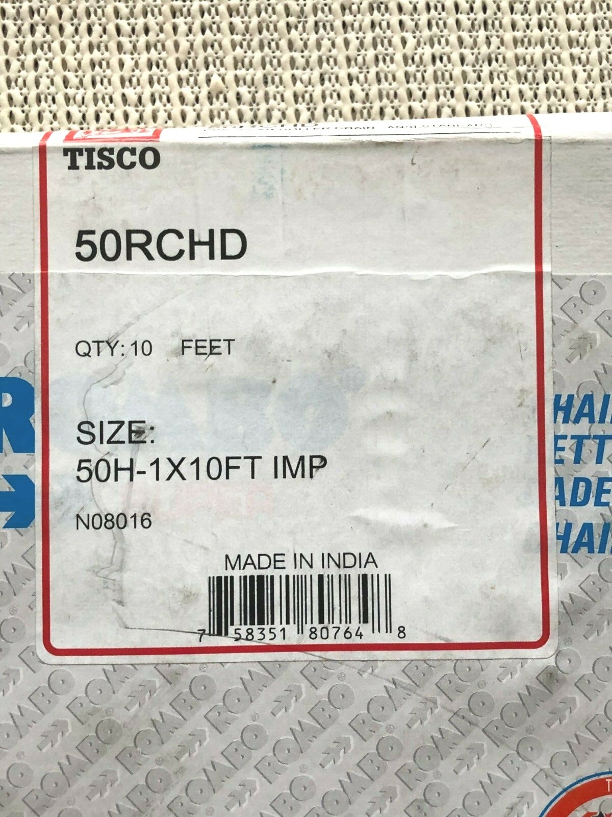 TISCO 50RCHD Roller Chain 10ft 3/8″ Roller Width 5/8″ Pitch Free Expedited Ship