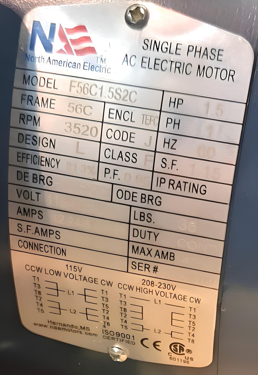 F56C1.5S2C 1.5HP 56C TEFC 1PH 3520RPM 115/230V North American Motor