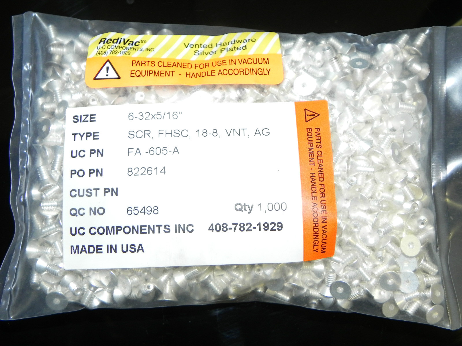 BAG OF 1000 VENTED SILVER PLATED SCREWS 6-32X5/16″ HEX HEAD FA-605-A REDIVAC