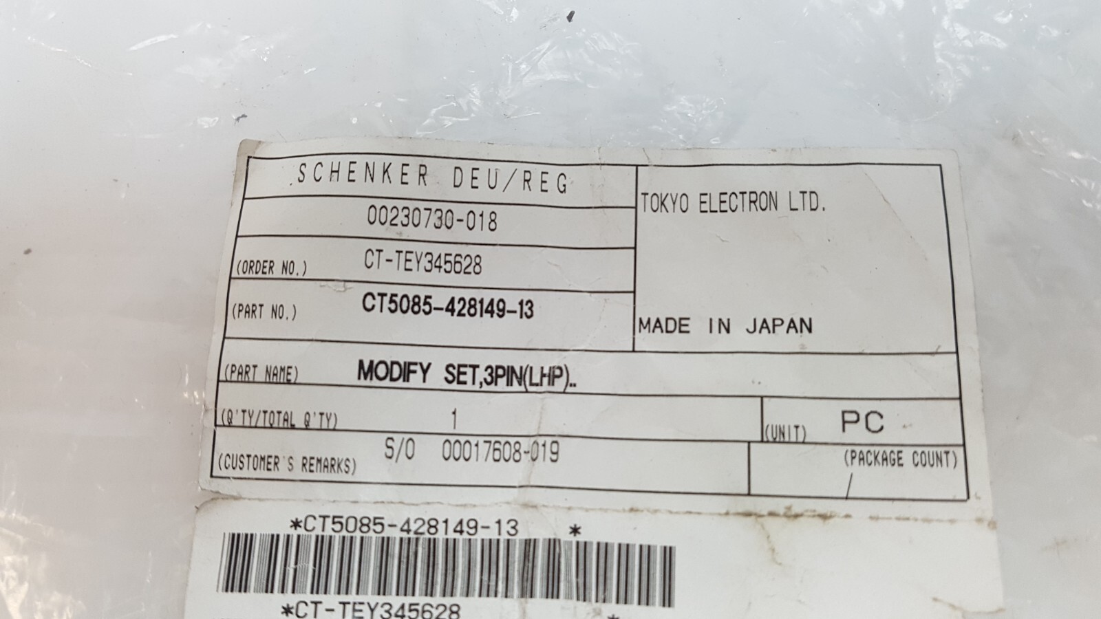TEL TOKYO ELECTRON MODIFY SET 3 PIN LHP CT5085-428149-13