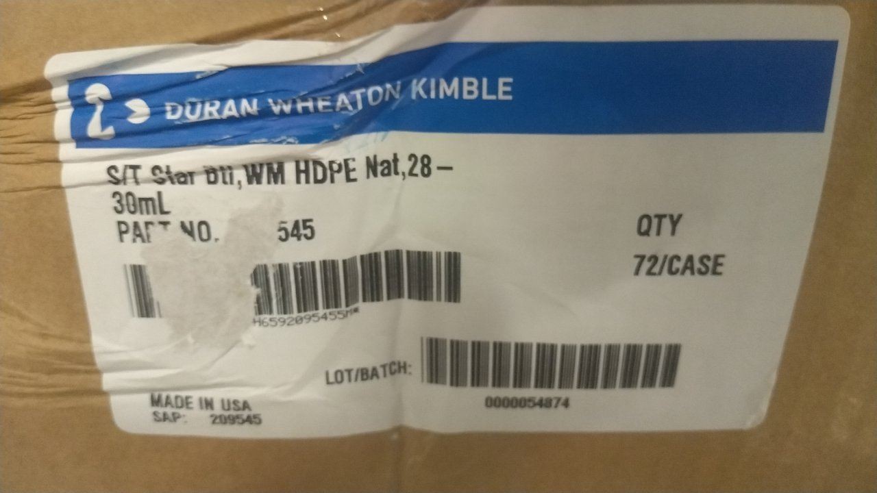Wheaton 209545 72 Pk 1 Fl Oz Capacity 30 mL Max Fill Volume HDPE Bottle