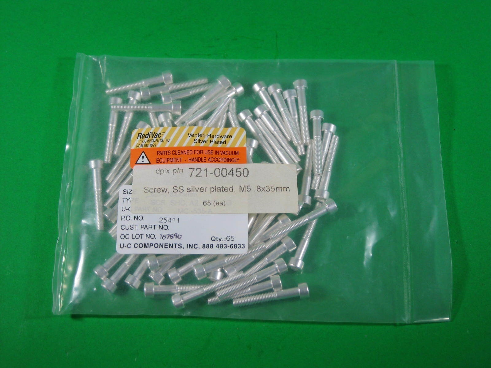 Redi Vac Vented Screw SS Silver Plated — M5 0.8×35 mm — (Lot of 65) New