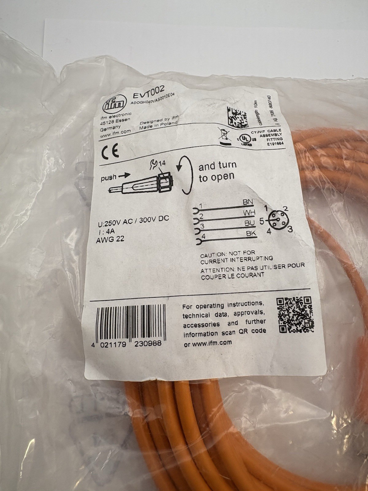 IFM ELECTRONIC Effector EVT002 Sensor Cable ADOGH040VAS0010E04 4 WIRE