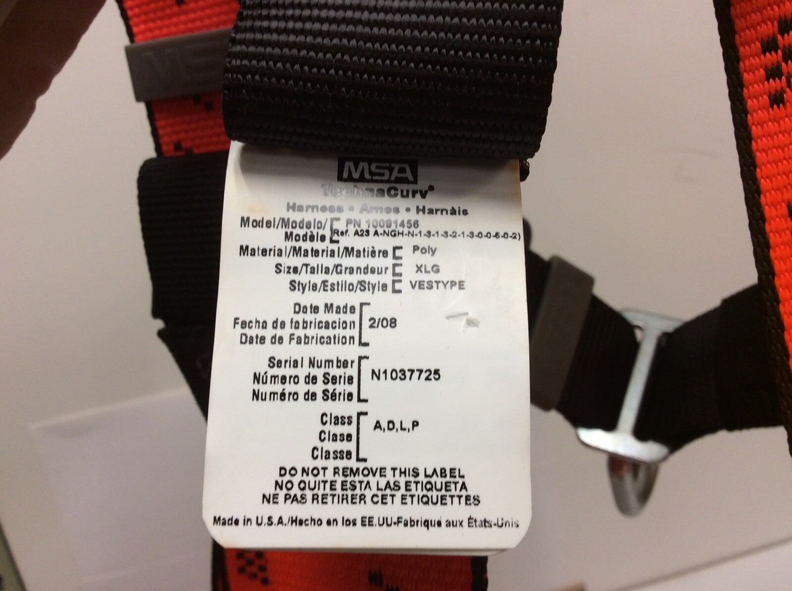 Harness MSA Full Body XLG Vest Style P#10091456 Rigging Climbing D-Ring Safety