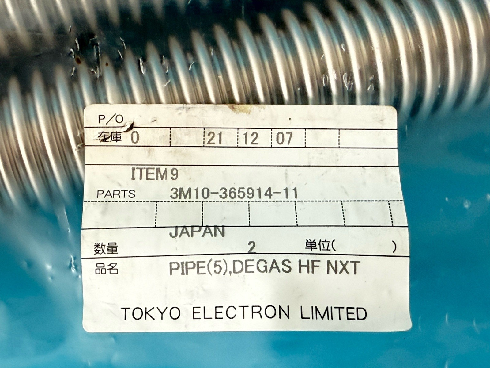 Tokyo Electron TEL Pipe Degas HF NXT 3M10-365914-11 OEM Japan – 2pcs New
