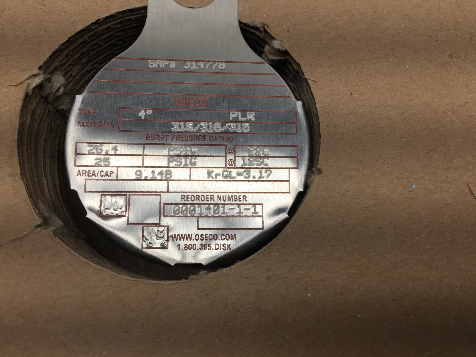 NEW IN BOX OSECO PLR 4″ 316SS 26.40PSIG RUPTURE DISK 314778 / 1401-1-1