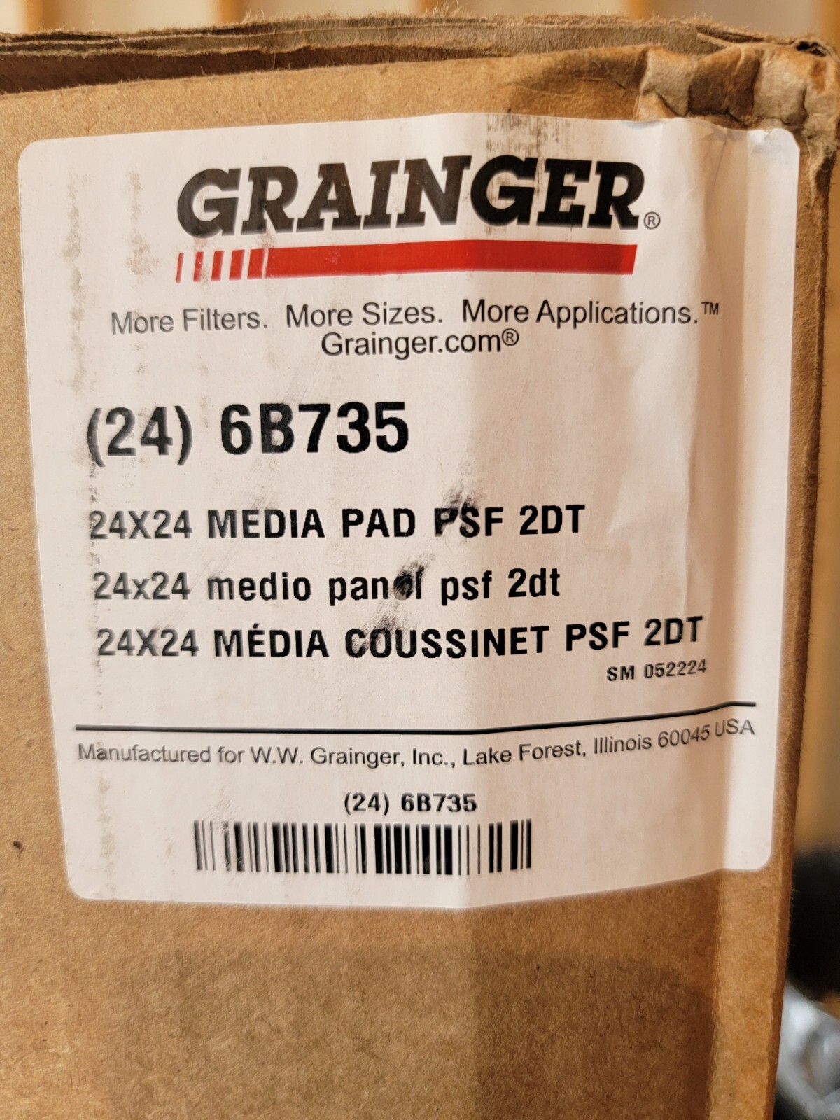 AIR HANDLER 6B735 Air Filter Pad,24x24x2,MERV 7 6B735, 24pk. Free Ship L48