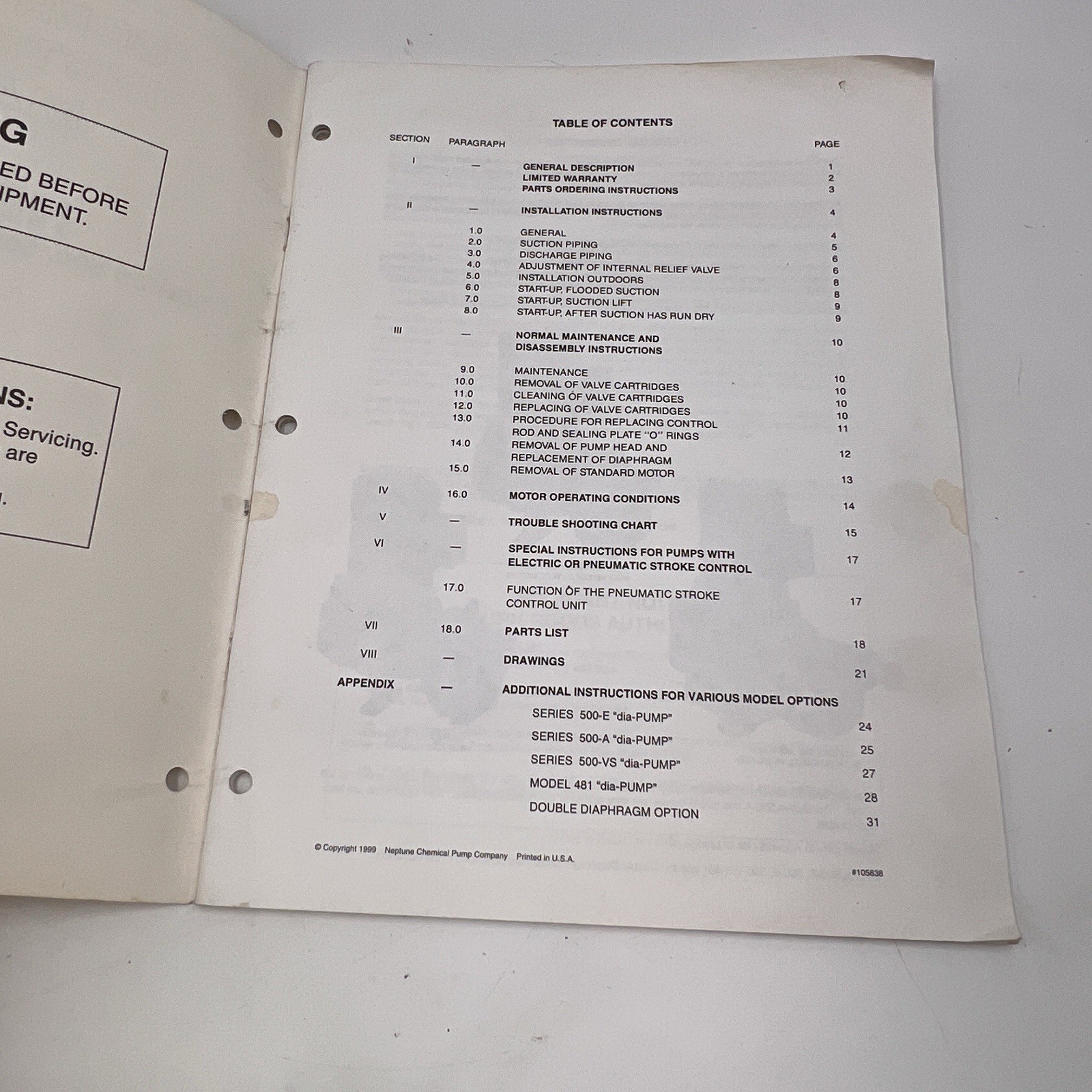 MANUAL ONLY Neptune Pump Model# 500 500A 500E Operating Instruction Día-Pump