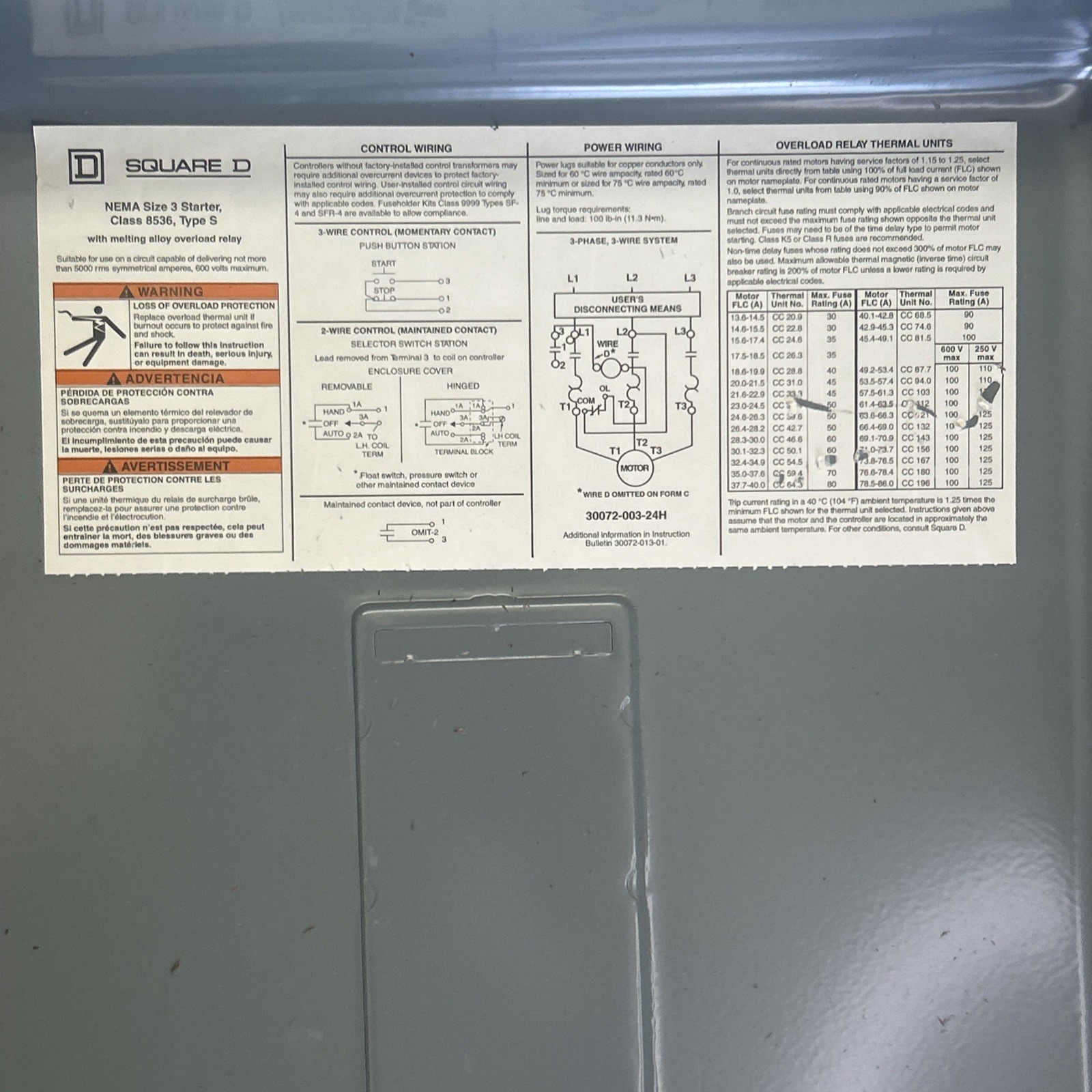 Square D 8536SEG1 NEMA Size 3 Magnetic Motor Starter 600V 50HP 3 Phase