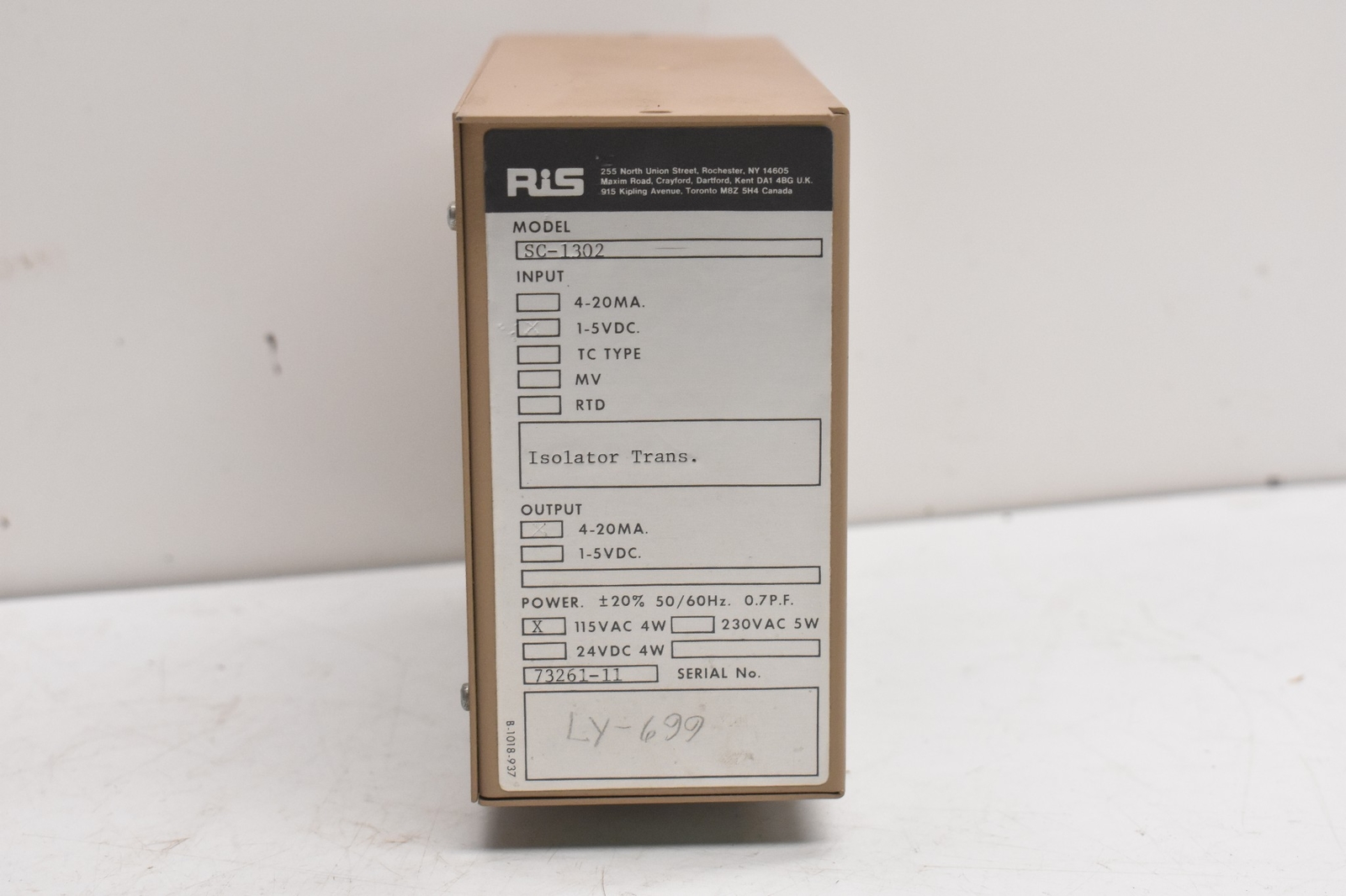 RIS/AMETEK RIS MODEL SC-1302 INPUT 1-5 VDC. OUTPUT 4-20 MA. TRANSMITTER MODULE