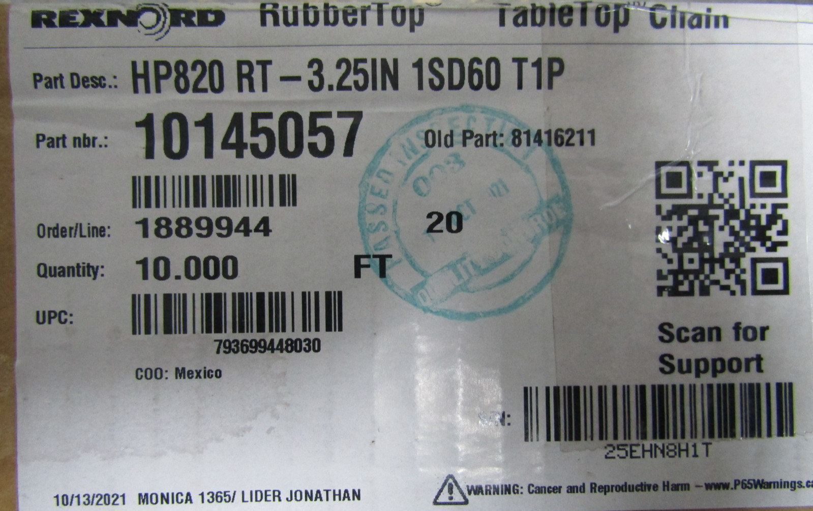 😍NEW REXNORD RUBBER TOP / TABLE TOP W:3.25IN PITCH:1.5IN 10145057 820RT