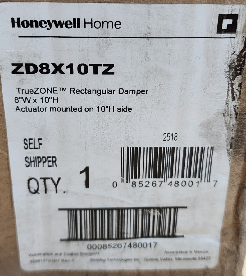 HONEYWELL ZD8X10TZ 8″ X 10″ Rectangular Damper 24 VAC