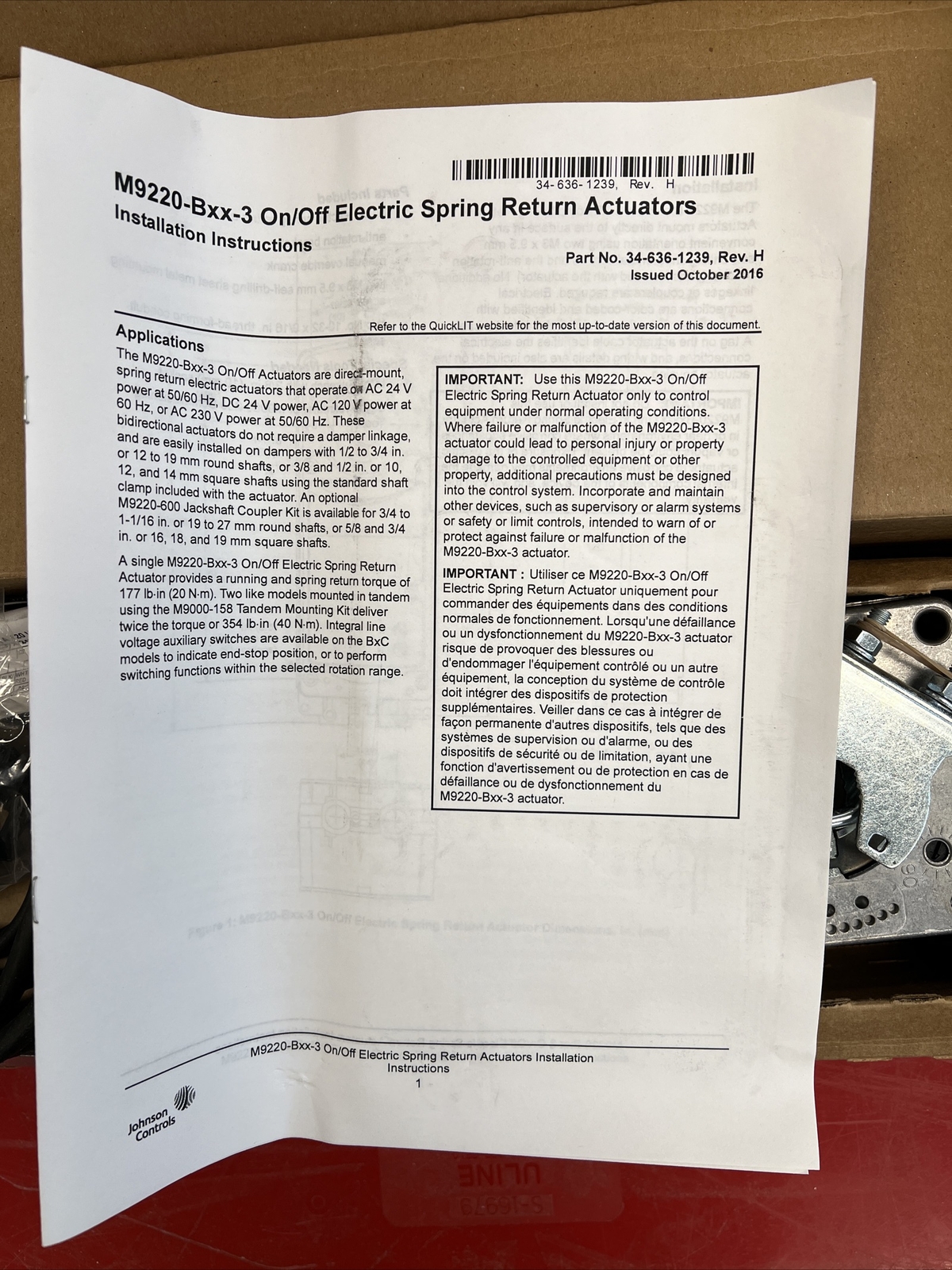 Johnson Controls M9220-BAC-3 /Johnstone Supply L47-122 Actuator