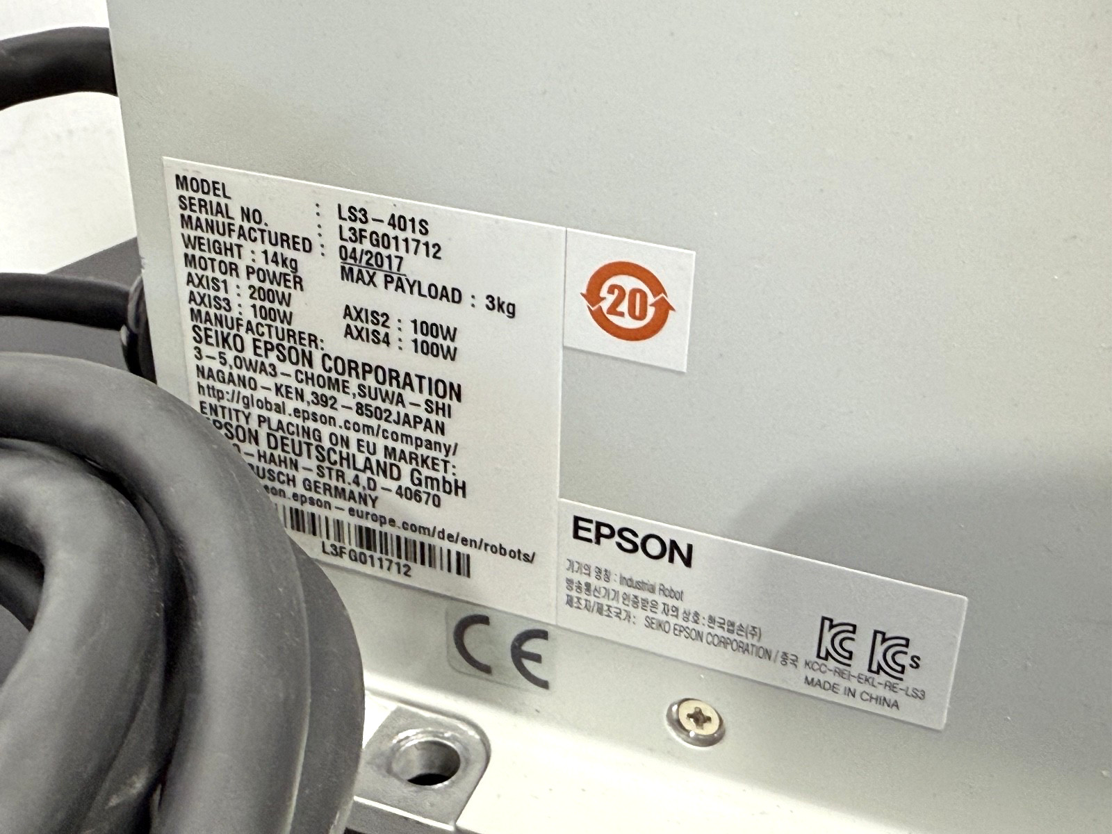 Seiko Epson LS3-401S 4-Axis SCARA Robot w/ RC90 Controller 200–240VAC