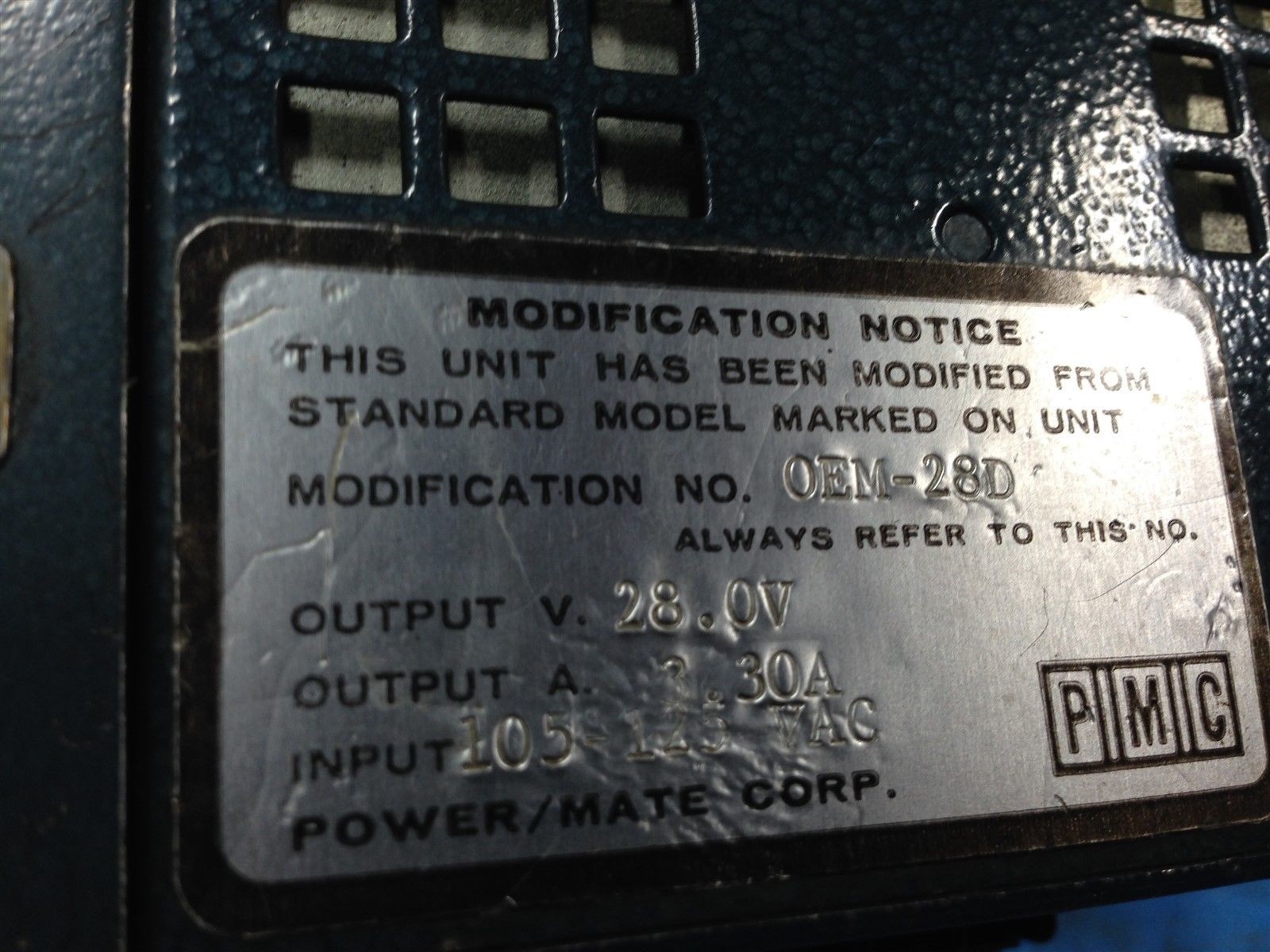 USED POWER MATE PMC UNI 30 D REGULATED POWER SUPPLY MODIFIED TO OEM-28D (J7)