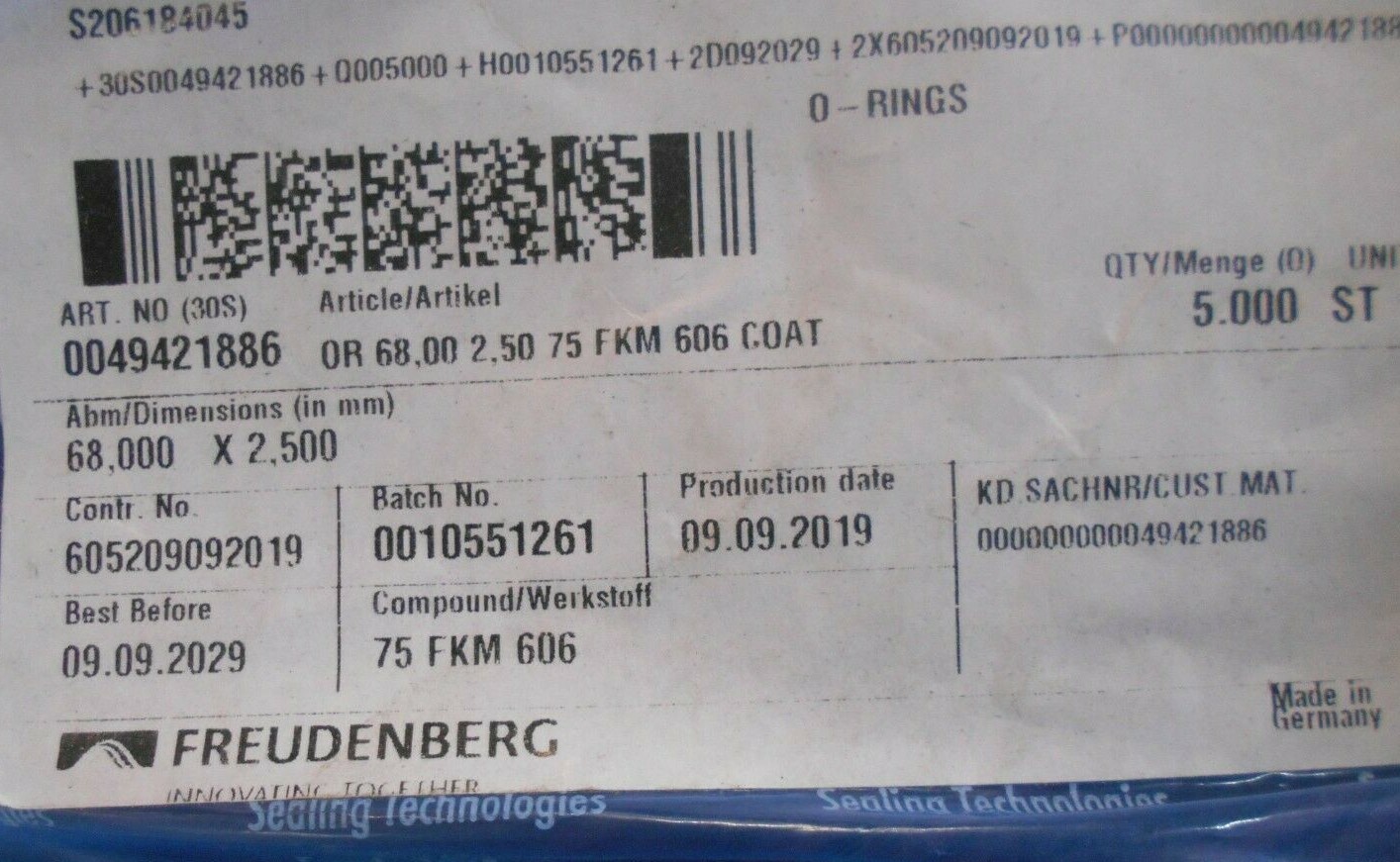 Lot of 5000 Freudenberg Metric 2.5×68 O-RING 75 FKM 606 COAT