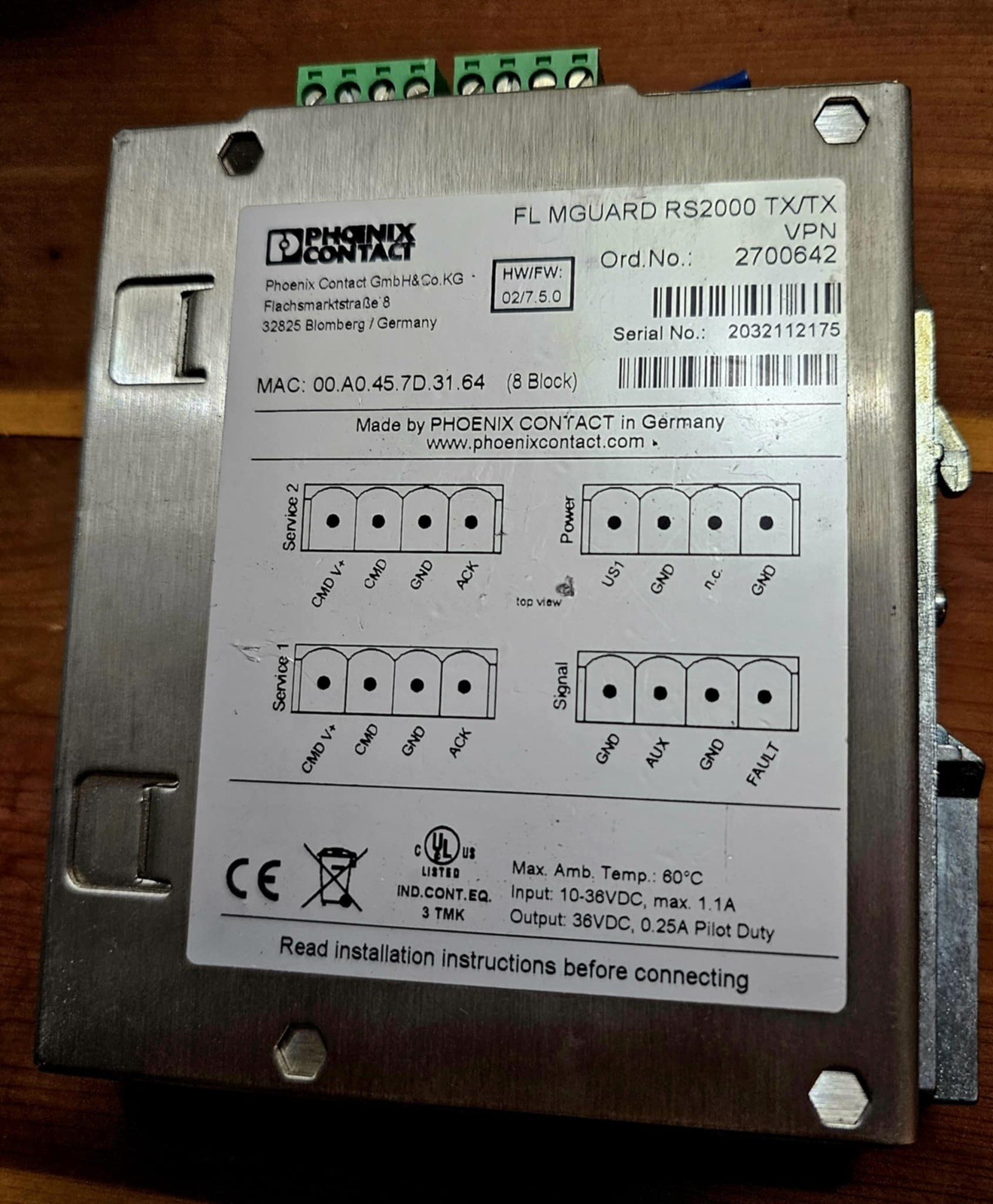 FL MGUARD RS2000 TX/TX VPN – Router. Phoenix Contact. Used. Free Shipping