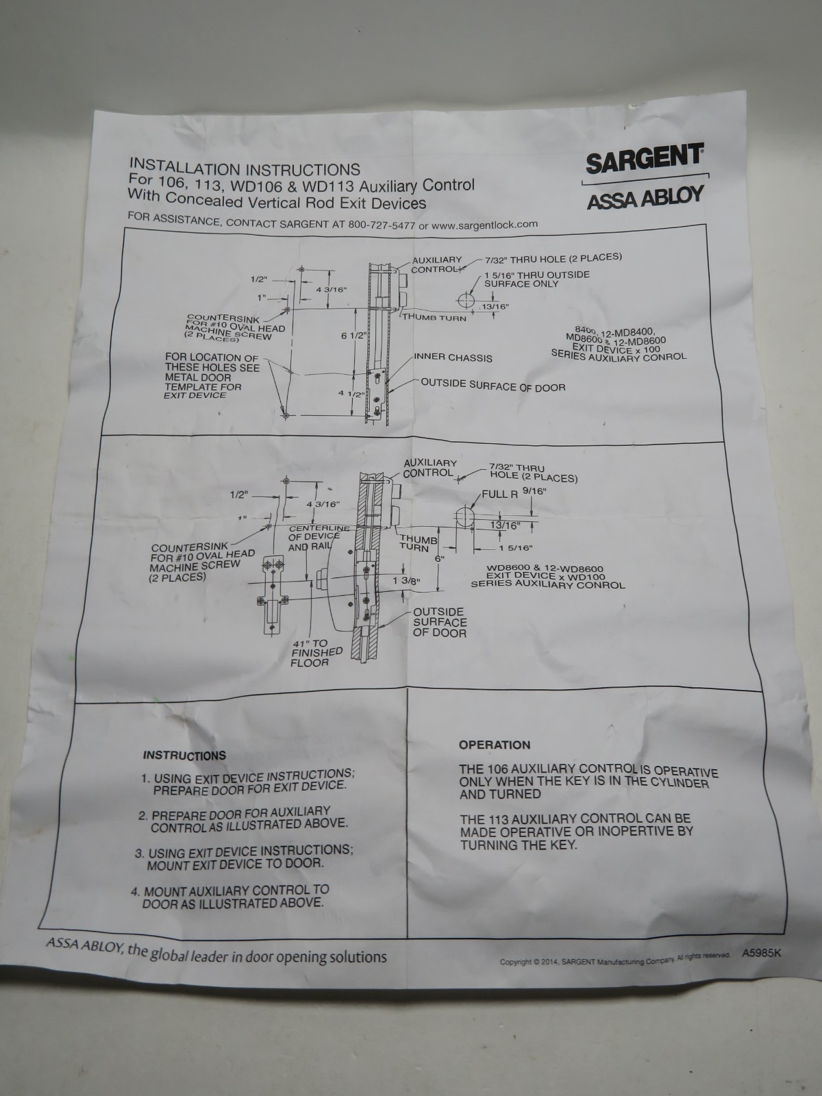 SARGENT: ASSA ABLOY – Thumb Turn Control US26D 626 Satin Chrome – Stainless