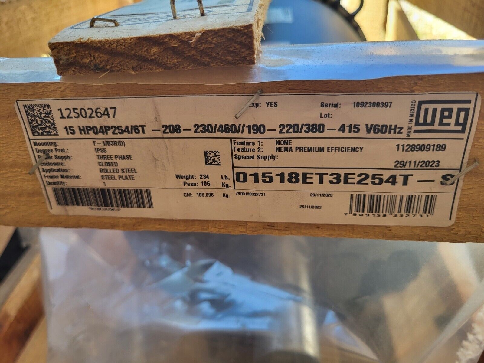 WEG 12502647 01518ET3E254T-S-208-230/460V 40.3-41.8/20.9A NSMP 15 H.P. MOTOR