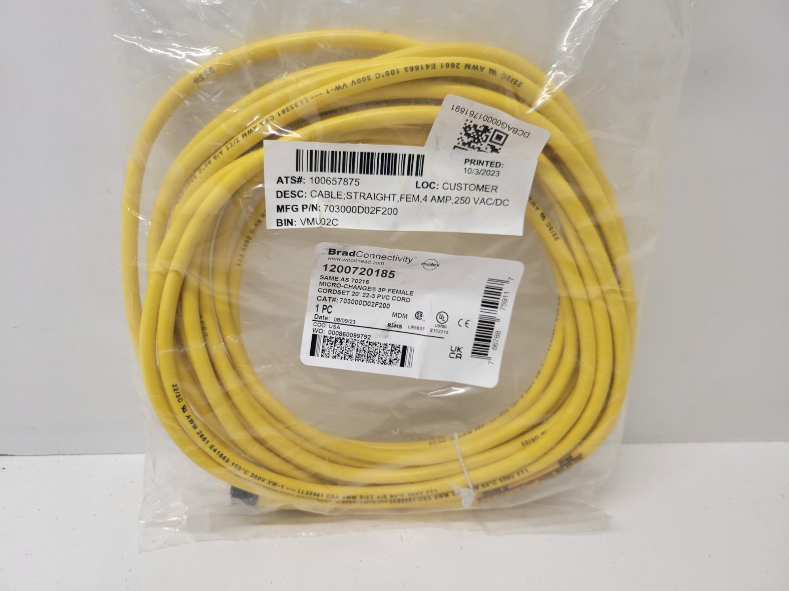 NEW OLD STOCK! BRAD CONNECTIVITY WOODHEAD 3P FEMALE CORDSET 1200720185