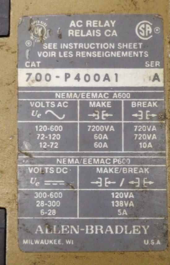 ALLEN BRADLEY 700-P400A1 /A CONTROL RELAY 700-PT400A1 /A 700-PT /A