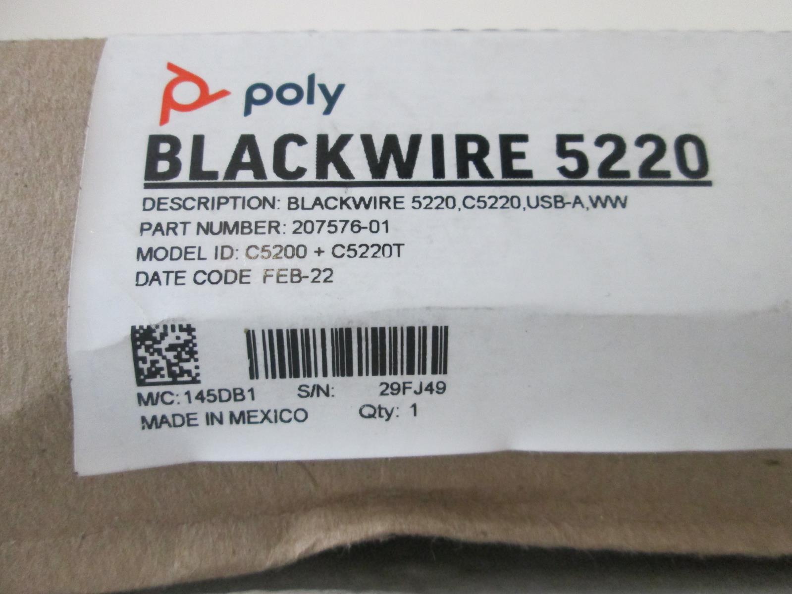 POLY BLACKWIRE 5220, C5220, USB-A, WW HEADSET C5220T