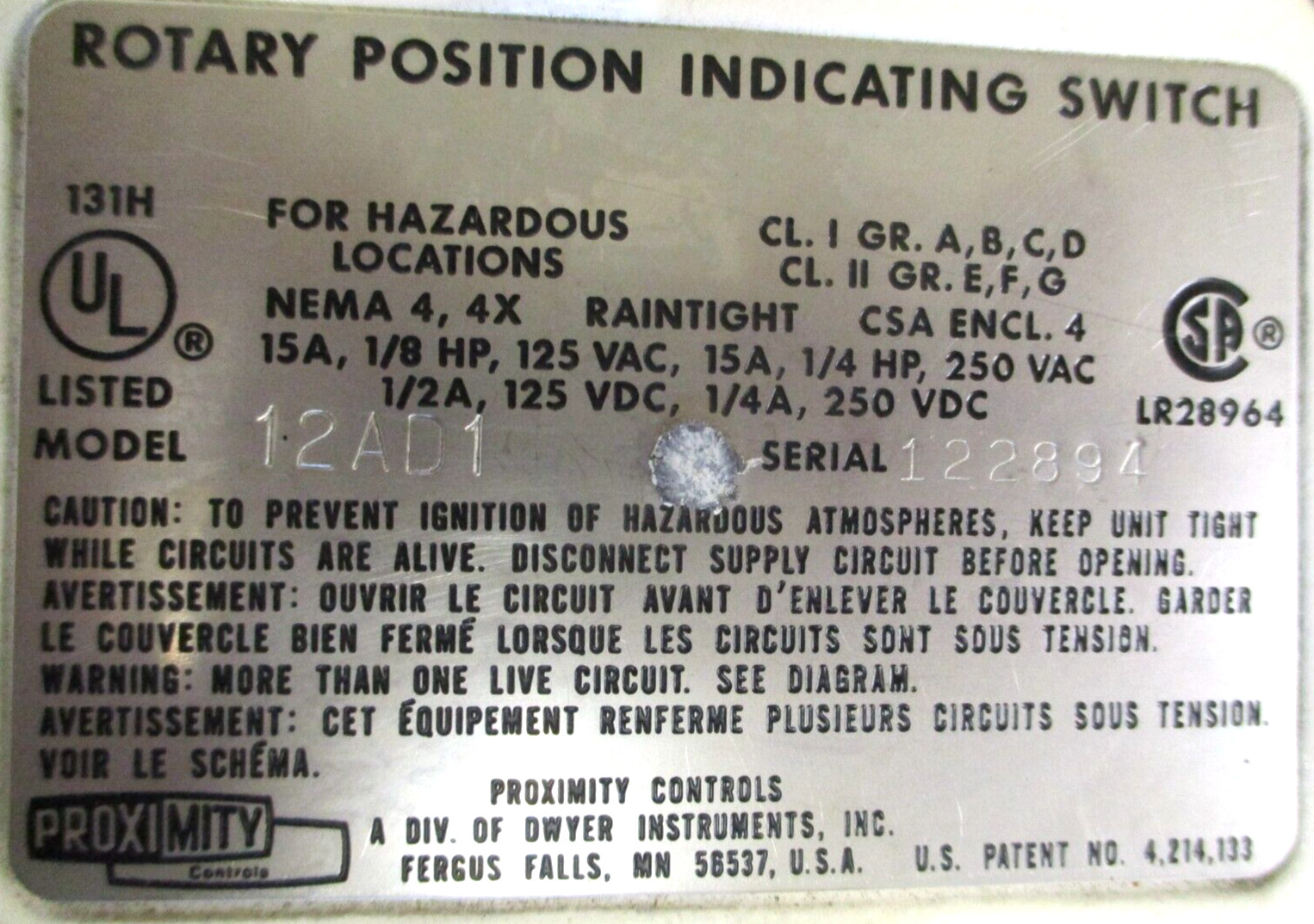 PROXIMITY CONTROLS , 12AD1 , ROTARY POSITION INDICATOR SWITCH , SURPLUS