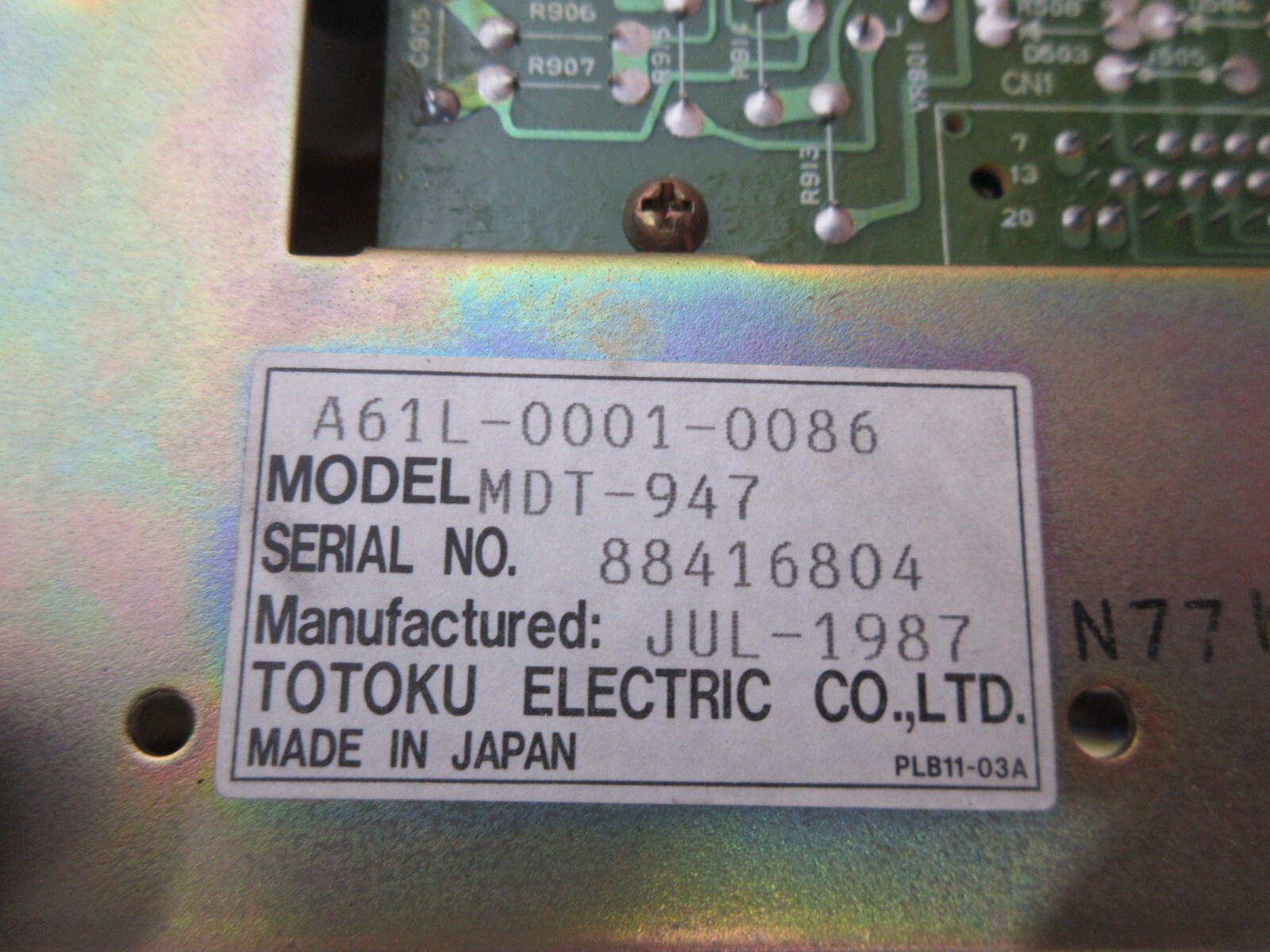 TOTOKU ELECTRIC DISPLAY MONITOR A61L-0001-0086 MDT-947 88416804 JUL-1987 PLB11-0
