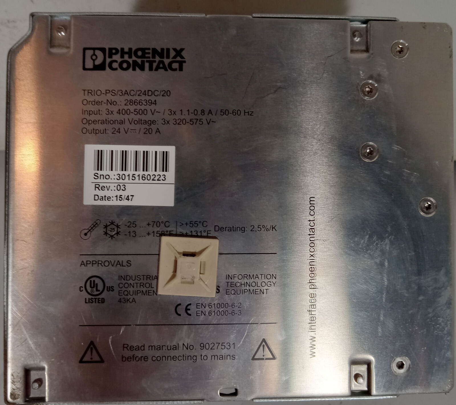 1 USED PHOENIX CONTACT TRIO-PS/3AC/24DC/20 SNO.3015160223. NNB ***MAKE OFFER***