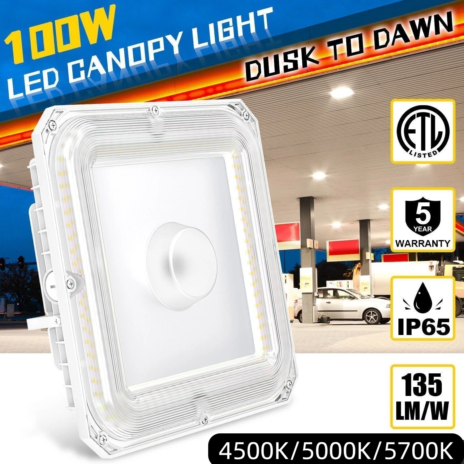 100W LED Canopy Light Dusk-to-Dawn for Parking Lot Gas Station Carport Lighting