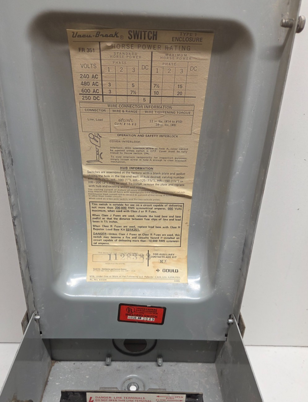 GOULD ITE 30A 480V 3PHASE FUSIBLE SAFETY SWITCH FR351