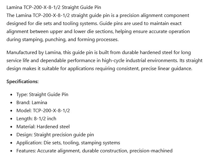 1 NEW LAMINA TCP-200-X-8-1/2 STRAIGHT GUIDE PIN NIB ***MAKE OFFER***