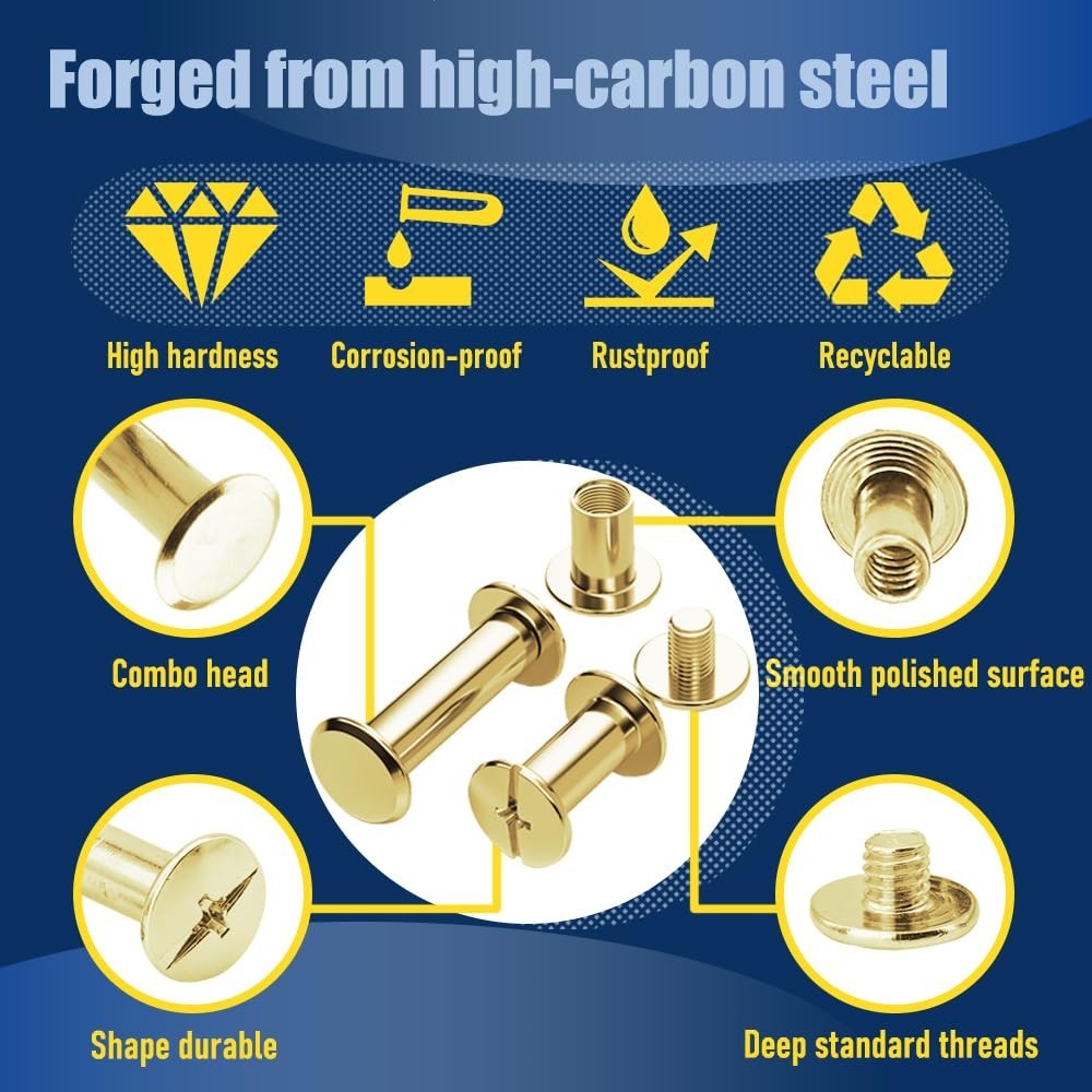 170 Sets Gold Chicago Screws Leather Rivets Kit, 8 Sizes (M5*4,5,6,8,10,12,15,18