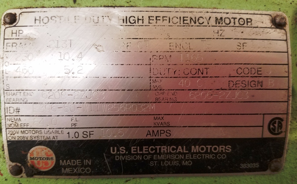 U.S. ELECTRICAL MOTOR, E396-50-W11W256R032M, 3 HP, 3 PH, 1165 RPM, 230/460 VOLTS