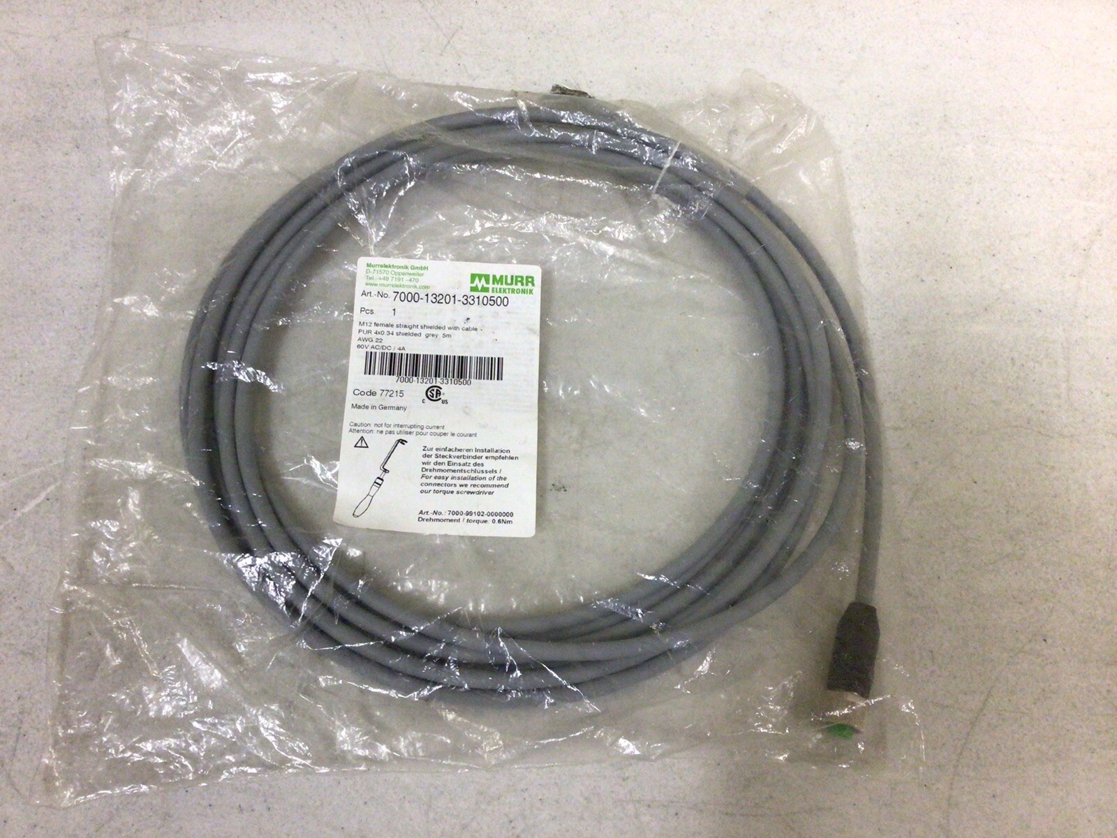 NEW, MURR 7000-13201-3310500 M12 GREY FEMALE STRAIGHT SHIELDED W/CABLE AWG 22