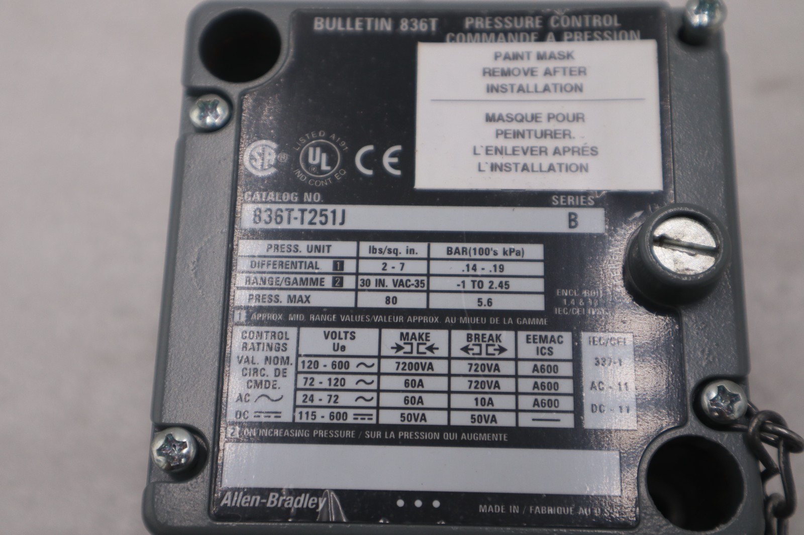 NEW ALLEN BRADLEY 836T-T251J /B PRESSURE CONTROL STOCK GF-713A