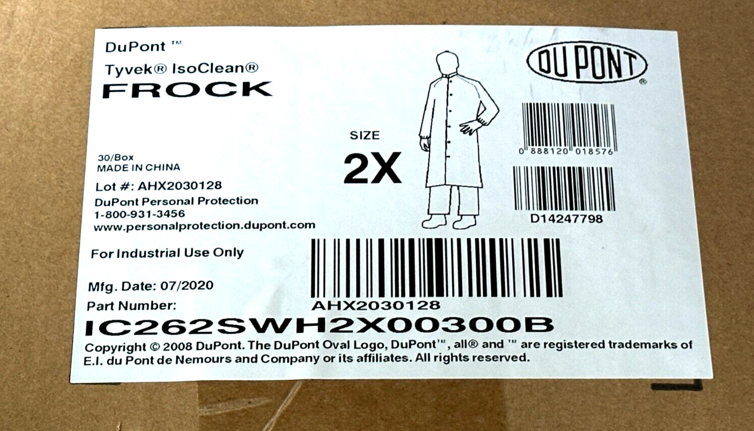New Dupont White IC262SWH2X00300B Tyvek IsoClean Frock – Size 2XL Pack of 30