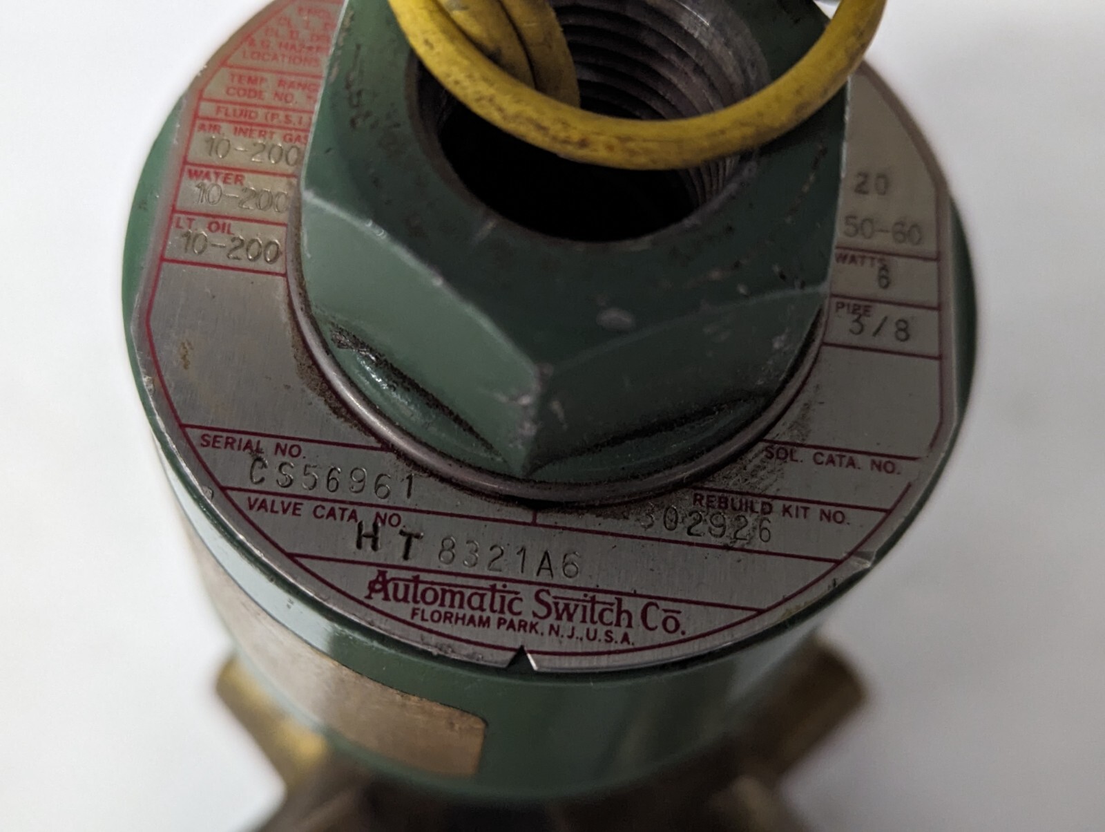 Used Asco Red-Hat 3/8″ npt Brass 3-Way Solenoid Valve, 120 VAC, N.C., HT8321A6