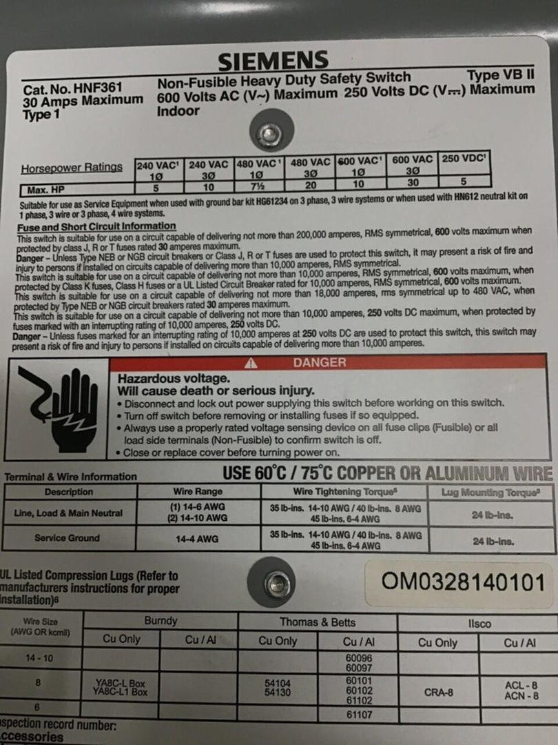 SIEMENS 30 Amp Safety Disconnect Switch HNF361 VBII Used #124089
