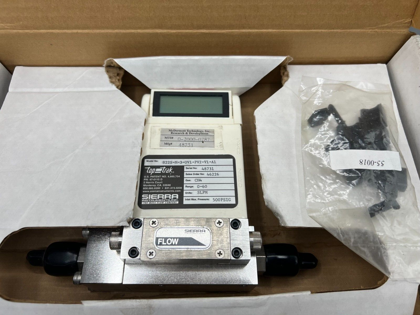 Sierra Instruments TopTrak Mass Flow Meter 822S-M-3-OV1-PV2-VA-A1 Methane 60SLPM