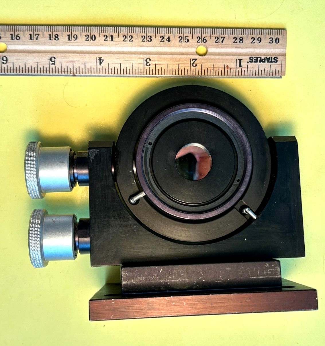 Oriel model 17701 Gimbal mirror mount on baseplate with mirror.